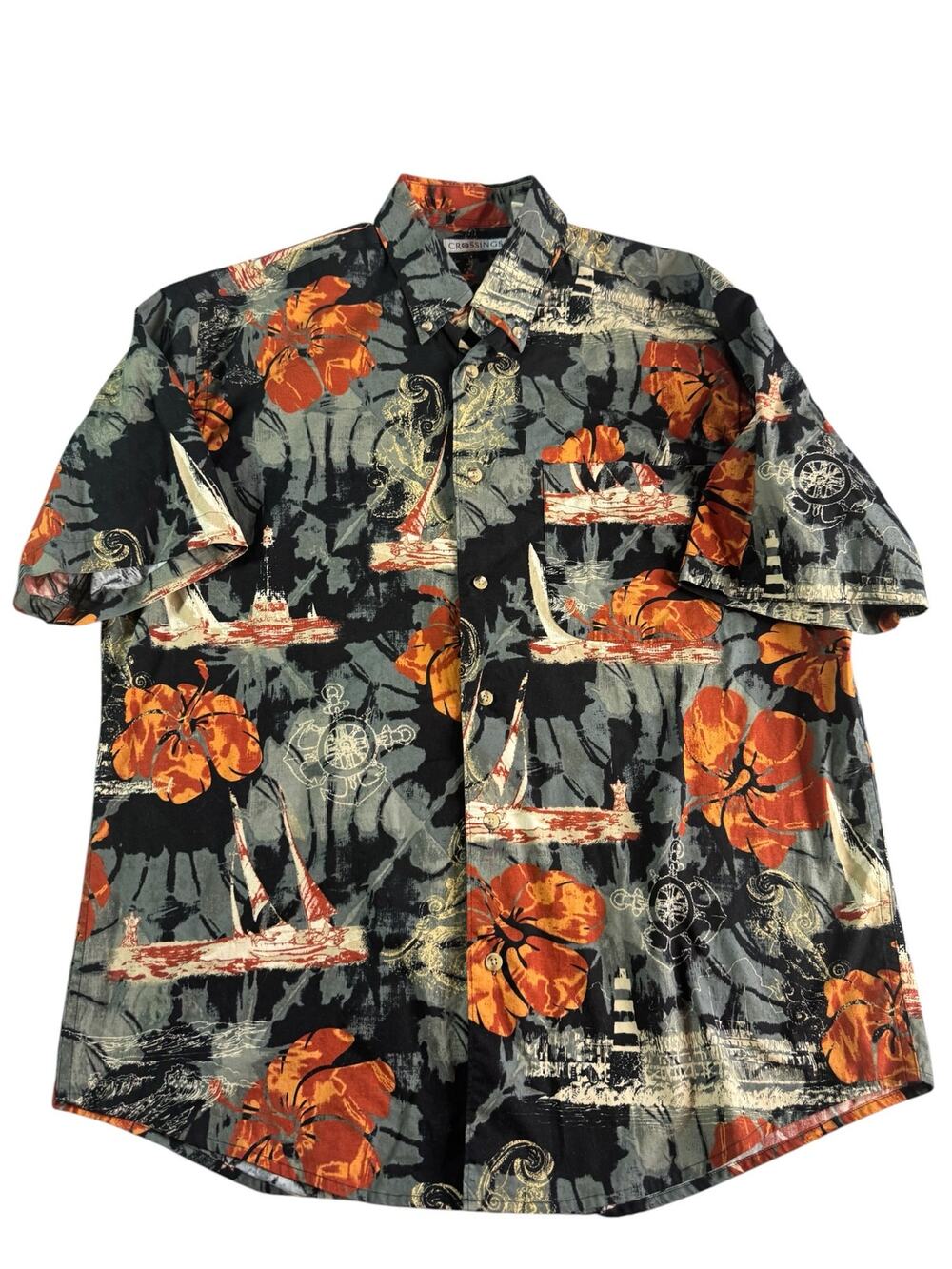 Crossings Mens Med Hawaiian Shirt 100% Cotton Hibiscus Sailboat Aloha Tropical